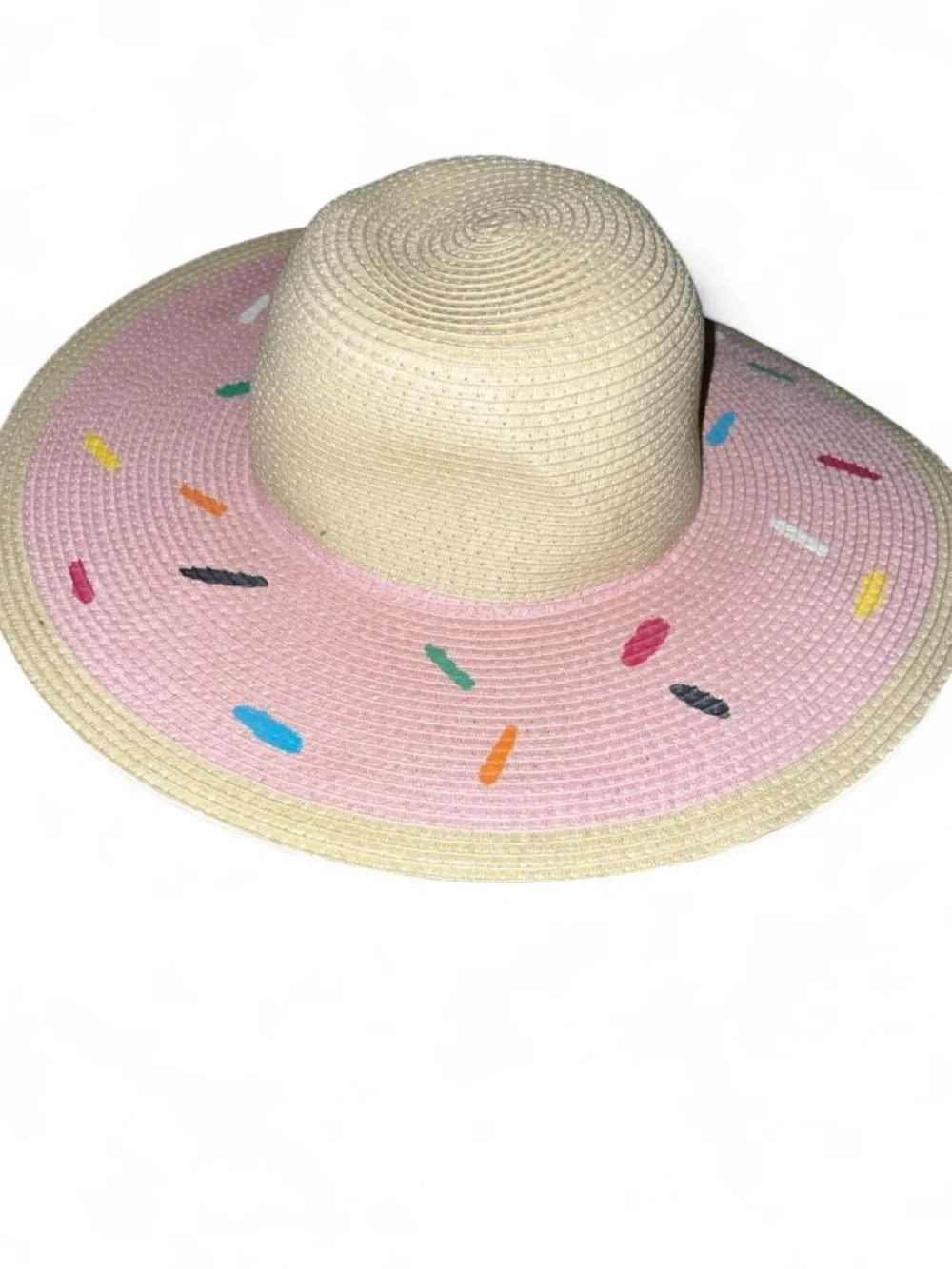 Wide Brim Straw Sun Donut  Beach Hat with Pink Sprinkles